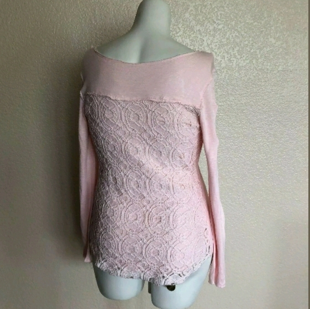 Soft Surroundings  Crochet Lace Long Sleeve Tunic Knit Top Size M Pink